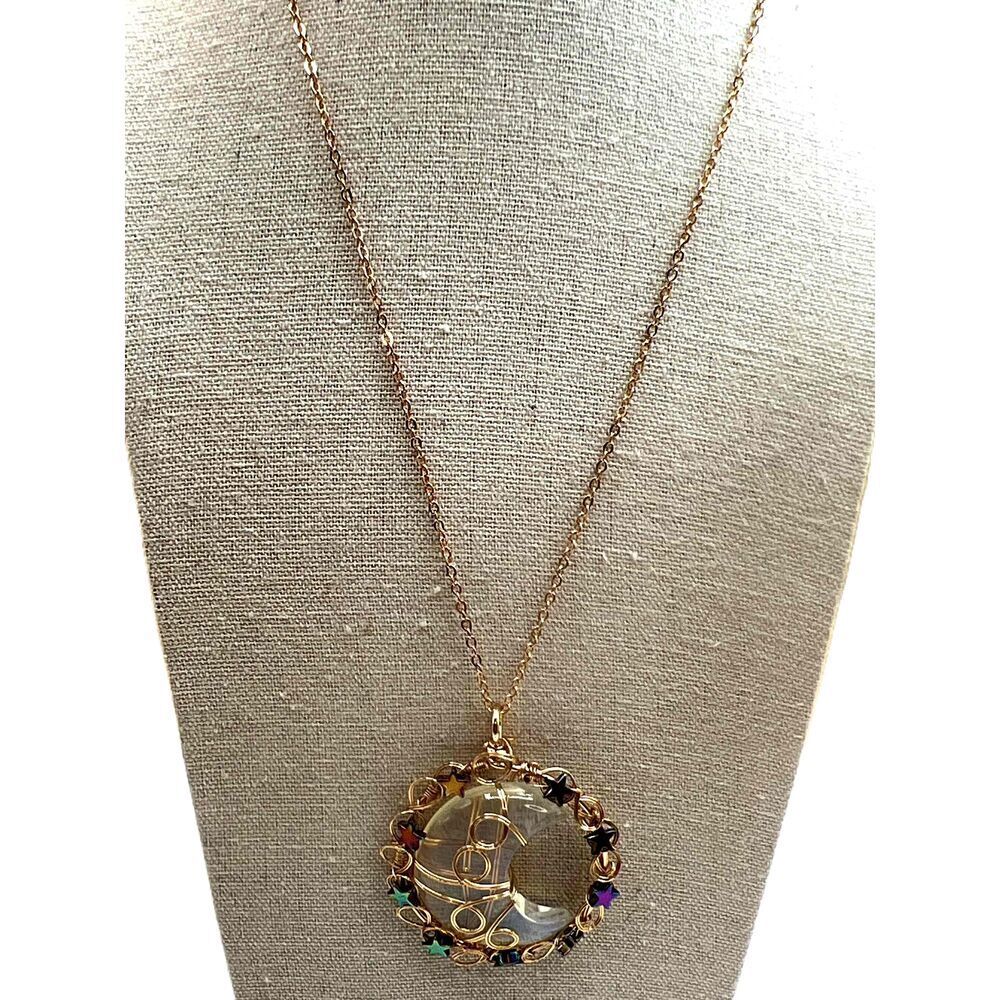 New Opal Copper Wire Wrapped Moon Pendant Gold Tone Necklace - Picture 8 of 13